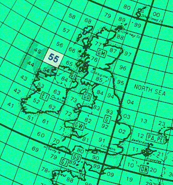 Locator map showing that most of IO55 is in the sea.